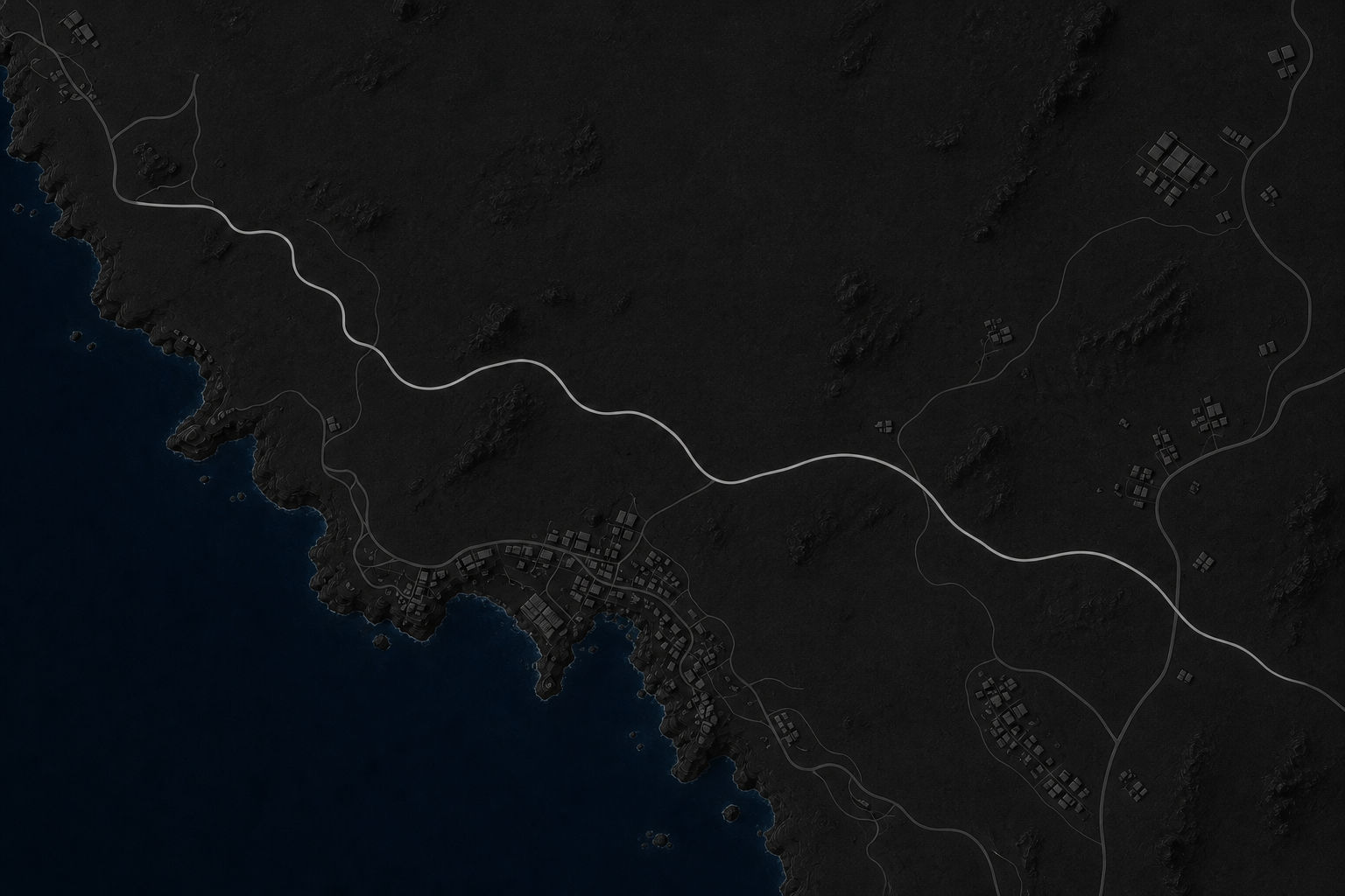 Dark map of land, water, and roads with a winding route of five stations.