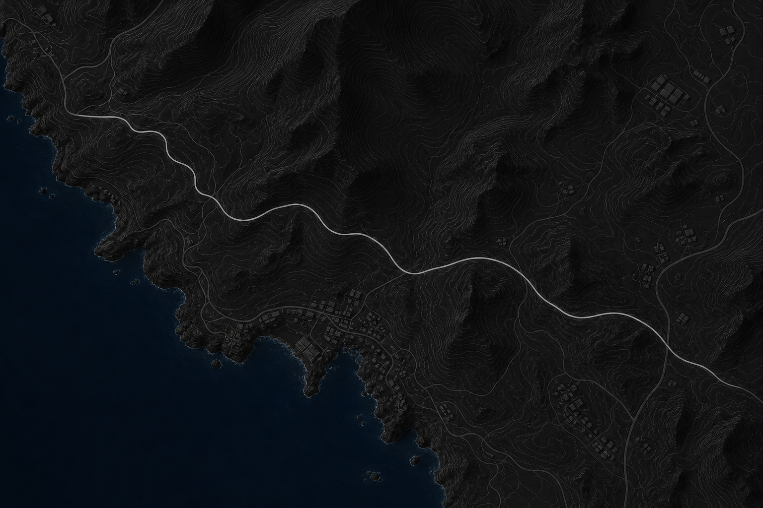 Dark terrain map with contour lines and a winding route of five stations.